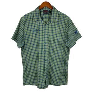 Mammut Shirt Short Sleeve Button Up Green Blue Check Men's XL Outdoors Hiking